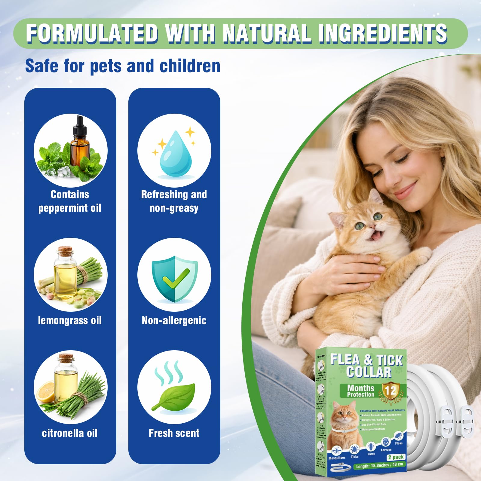 Inpumo Collar Antiparasitario para Gatos, Collar Antipulgas y Garrapatas Ajustable, Gregado con Aceites Naturales, Impermeable, Apto para Todos Los Gatos,12 Meses de Protección (1 Pack)