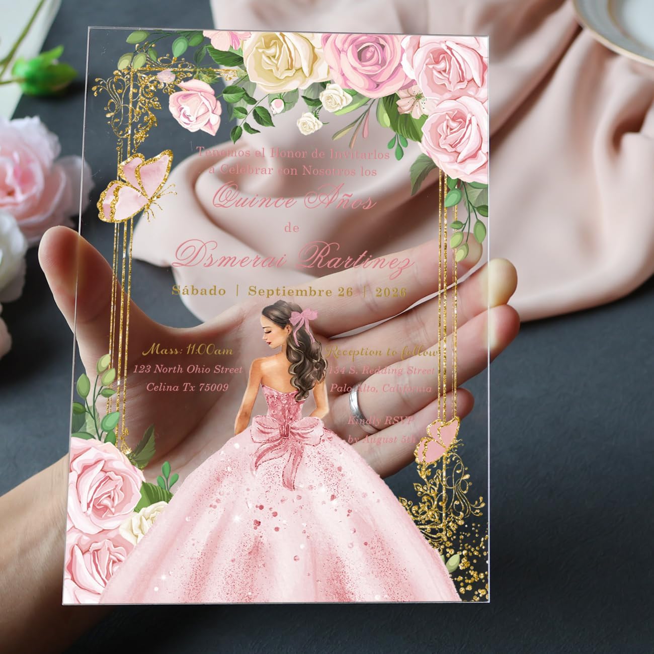 Hosmsua 20Pcs Personalized Blush Pink Butterfly Quinceanera Acrylic Invitation, 5x7 Soft Pink Rose Floral Princess Acrylic Glass Invitation Cards with Envelopes for Mis Quince, Sweet 16, XV Anos, 15 Anos