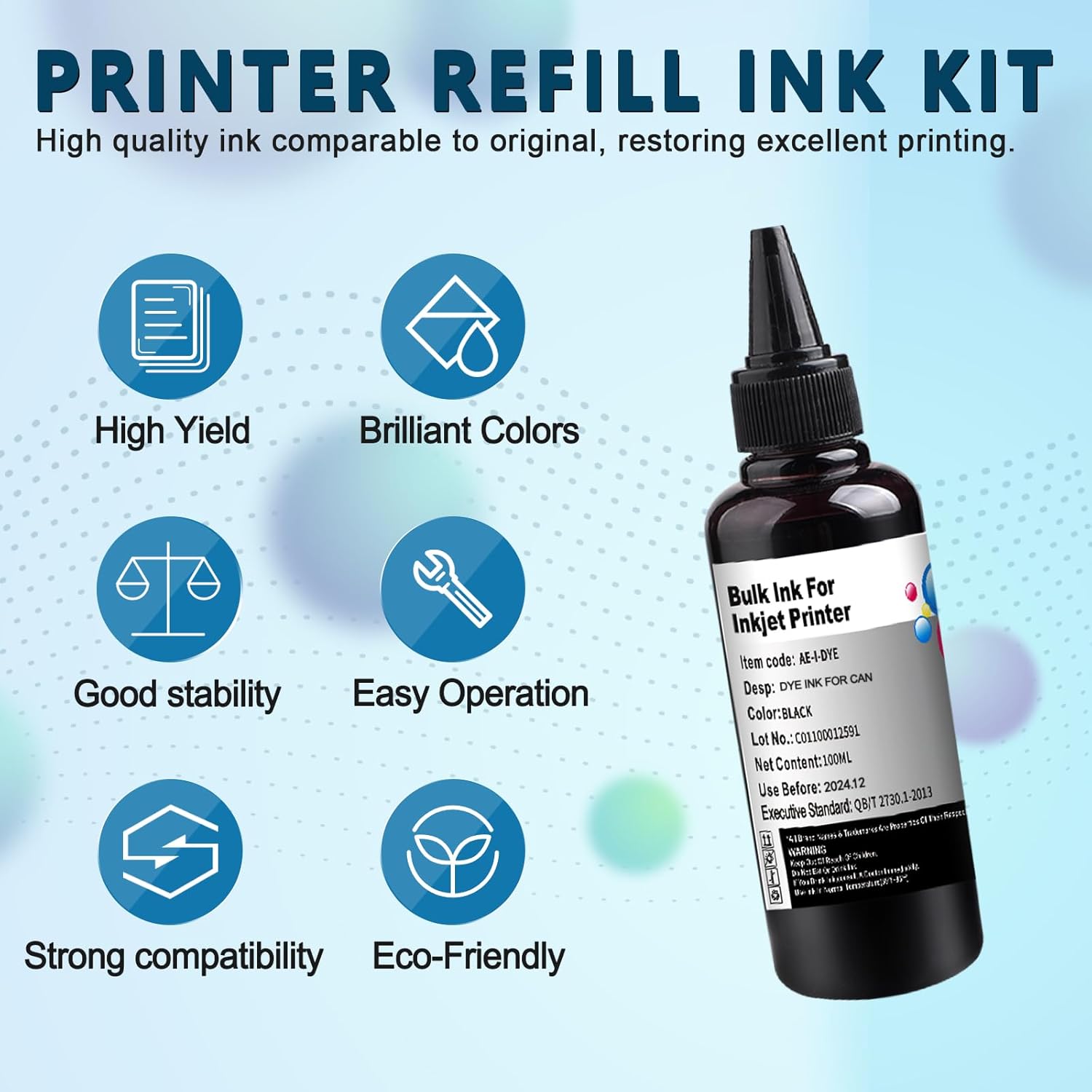Ink Refill Kit for Canon 210 240 243 245 250 270 280 CL 241 244 246 251 271 281XL PGI-225 CLI-226 PGI-1200 PGI-2200 Ink Cartridge Bottle (2*Black, 100 ml)