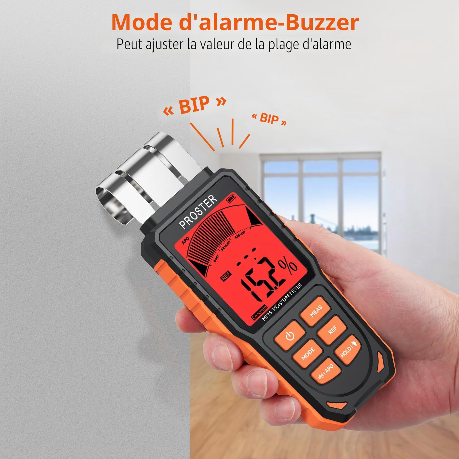 Proster Humidimètre Sans Pointe à Capteur Plat Détecteur d’Humidité Professionnel Mesure Non-Destructif Haute Précision Rechargeable Avec Écran LCD Rétroéclairé et Alarme Sonore Pour Mur, Bois, Béton