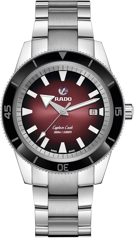 Rado - Capitán Cook - Reloj suizo automático para hombre - Esfera roja de 42 mm con fecha - Pulsera de acero inoxidable de plata - R32105353