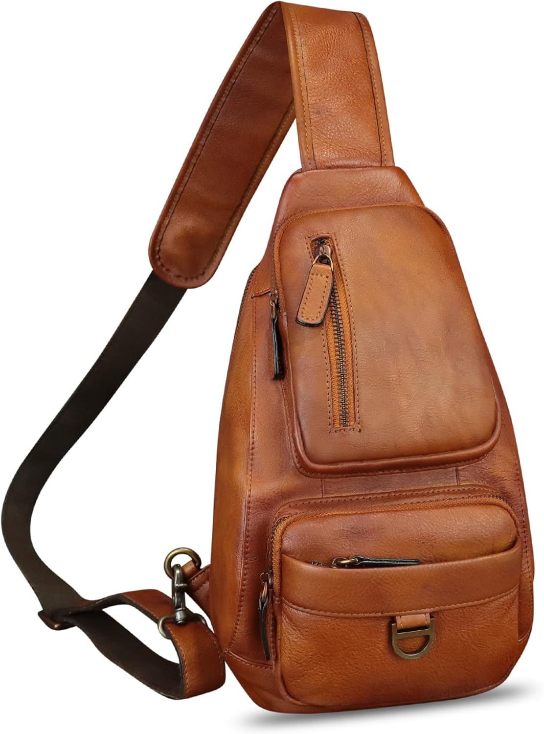 IVTG Genuine Leather Sling Bag for Men and Women Vintage Real Leather Sling Backpack Crossbody Bag Chest Purse