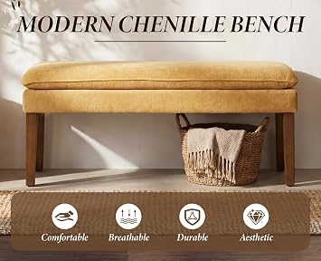 Ottoman Bench,End of Bed Entryway Dining Bench,Wood Legs,Yellow
