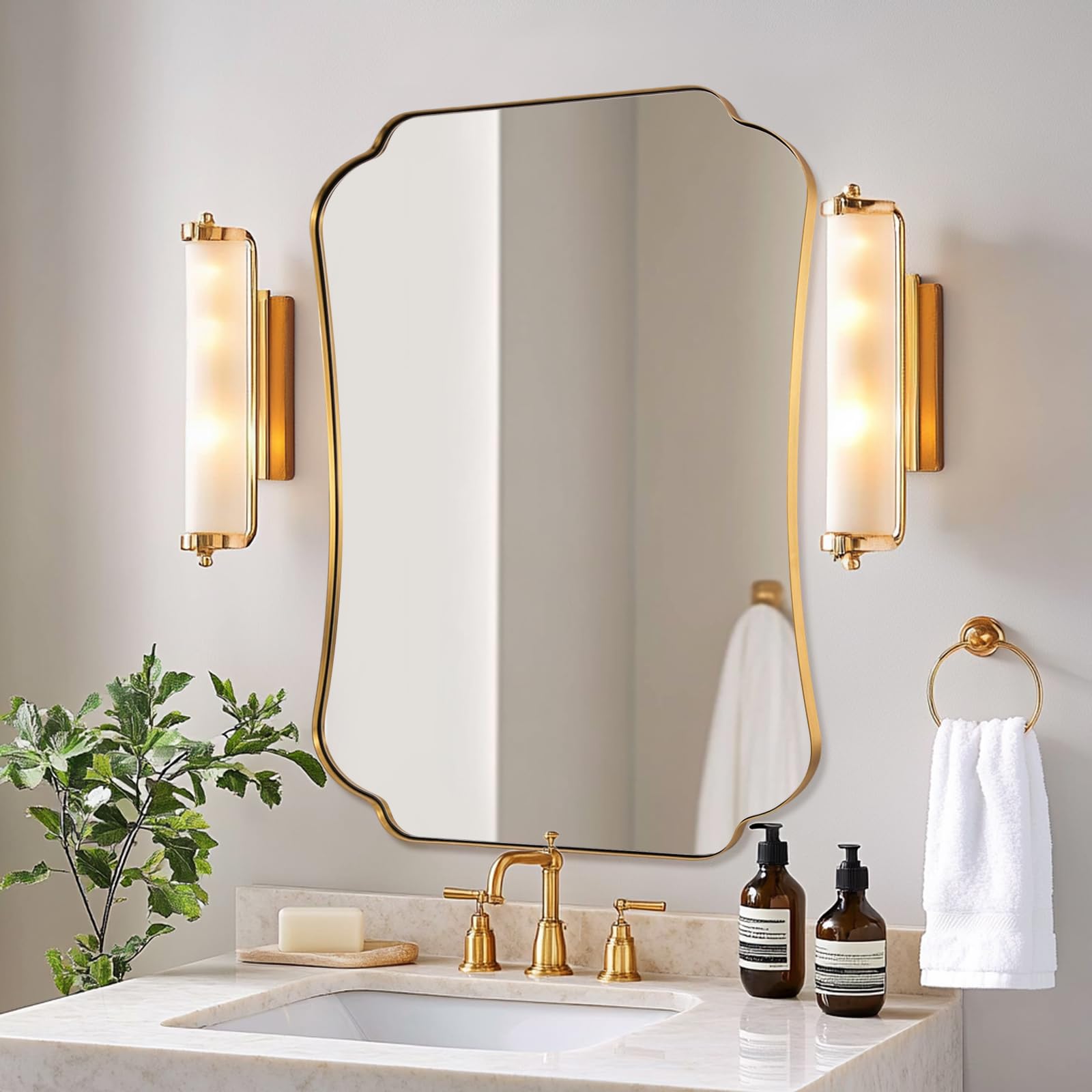 ANDY STAR 30x40 Inch Brushed Gold Bathroom Mirror, Luxury Brass Scalloped Wall Mirror with Stainless Steel Frame, Decorative Wave-Edge Vanity Mirror for Living Room, Entryway, Bedroom