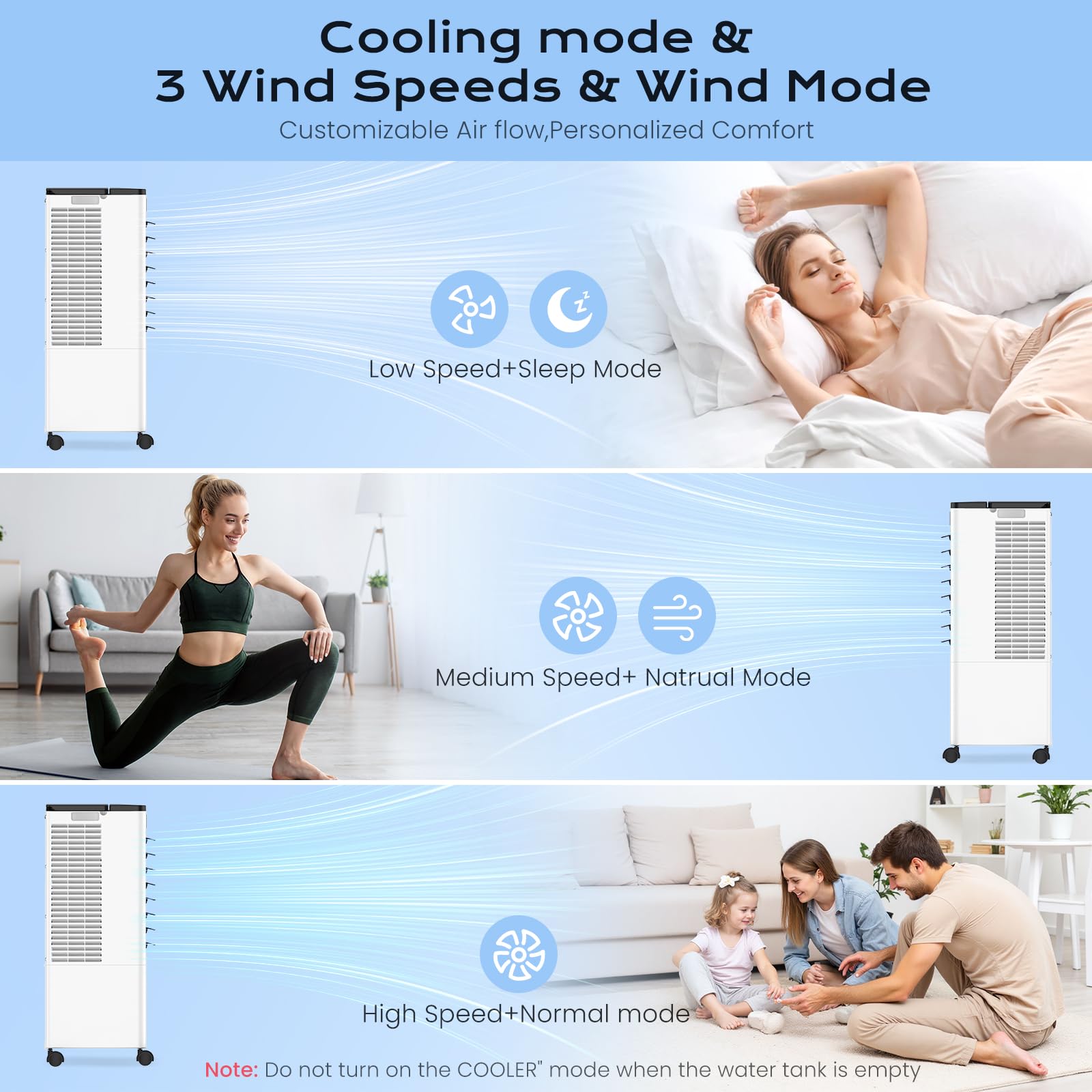 Climatiseur Mobile Silencieux Climatiseur Portable sans Évacuation Rafraîchisseur d'Air avec 2 Coussin d'eau, 12H Minuterie, 60W, 3 Vitesses, 3 Modes, Télécommande pour Chambre, Bureau, Maison