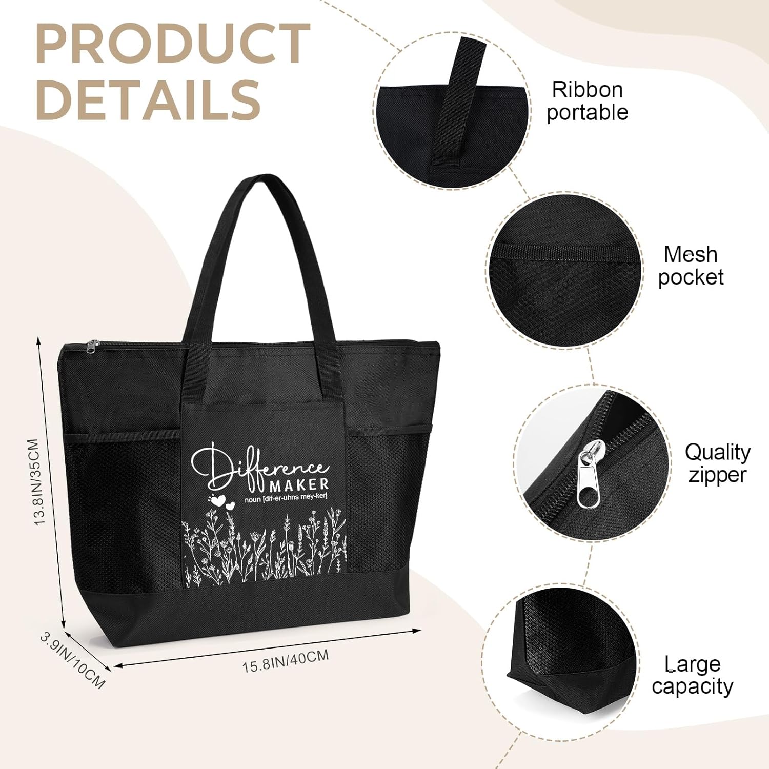 Buryeah 2 Pcs Difference Maker Gift for Women Thank You Tote Bag & Tumbler for Employee Coworker Nurse Social Worker(Black) - Image 4