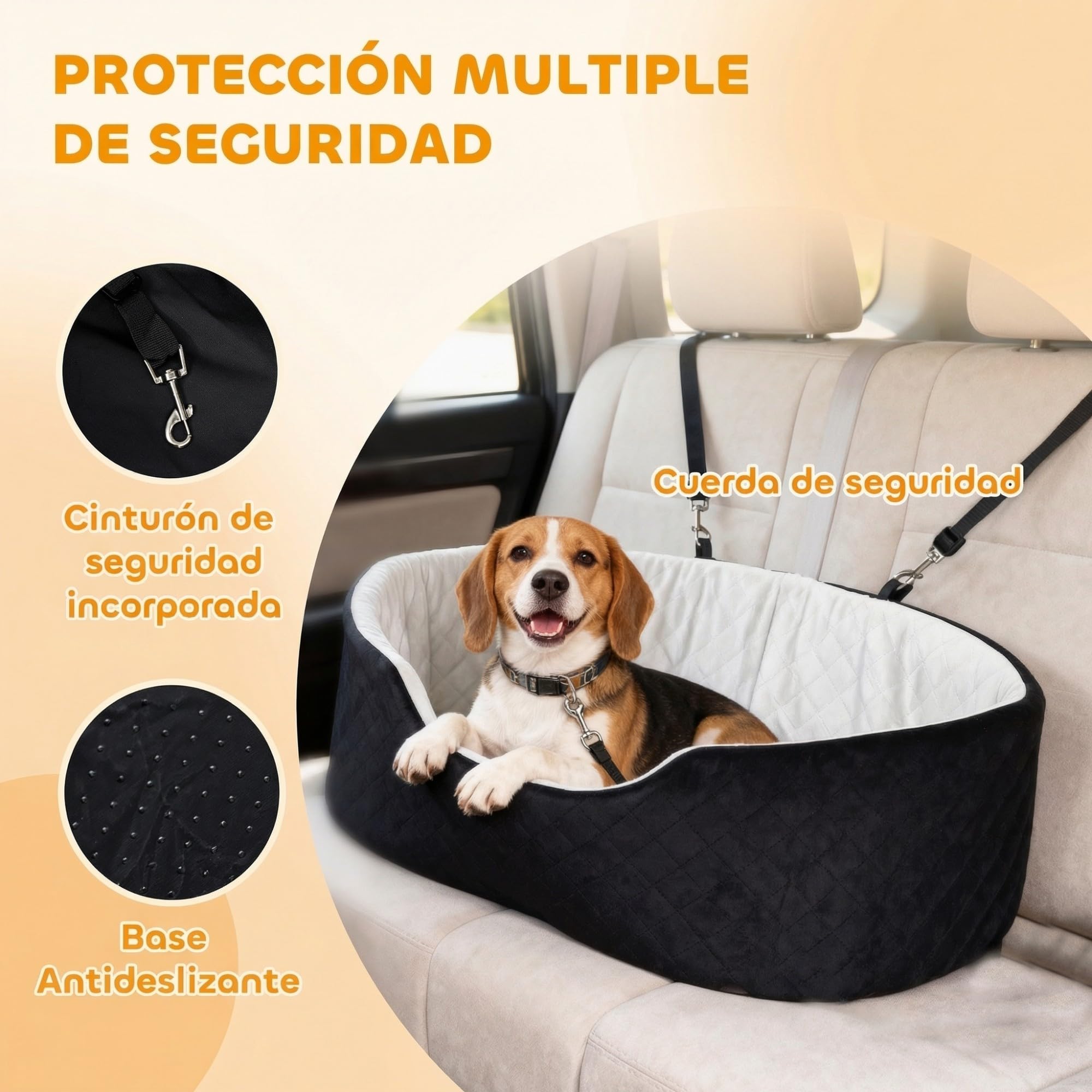 PawHut Asiento de Coche para Perros Pequeños y Medianos, Asiento de Coche para Mascotas hasta 15 kg, Cama de Viaje con Cinturón de Seguridad, Base Antideslizante y Funda Desmontable Lavable