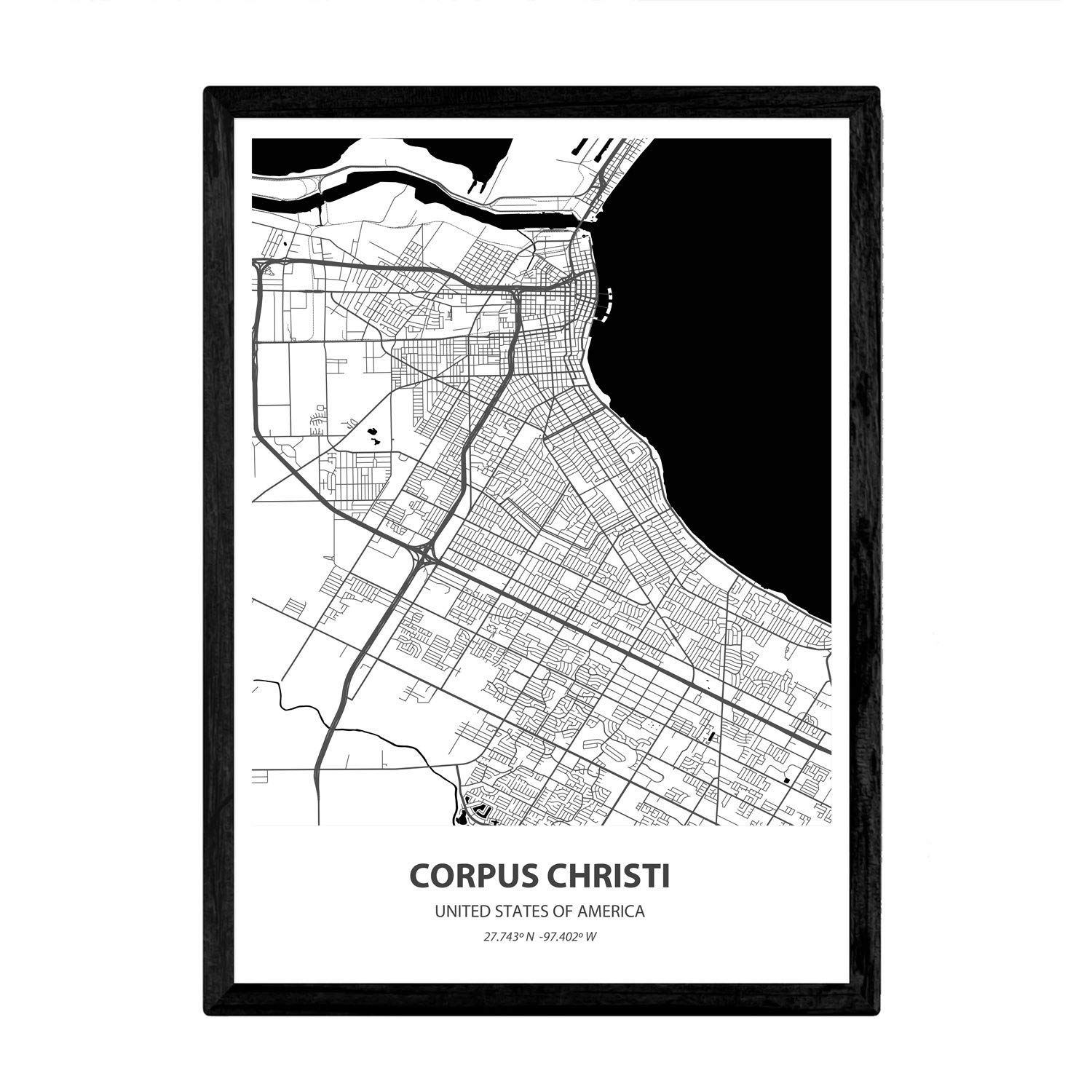 Nacnic Poster with map of Corpus Christi - USA. Sheets US cities with seas and rivers in black color. A4 size