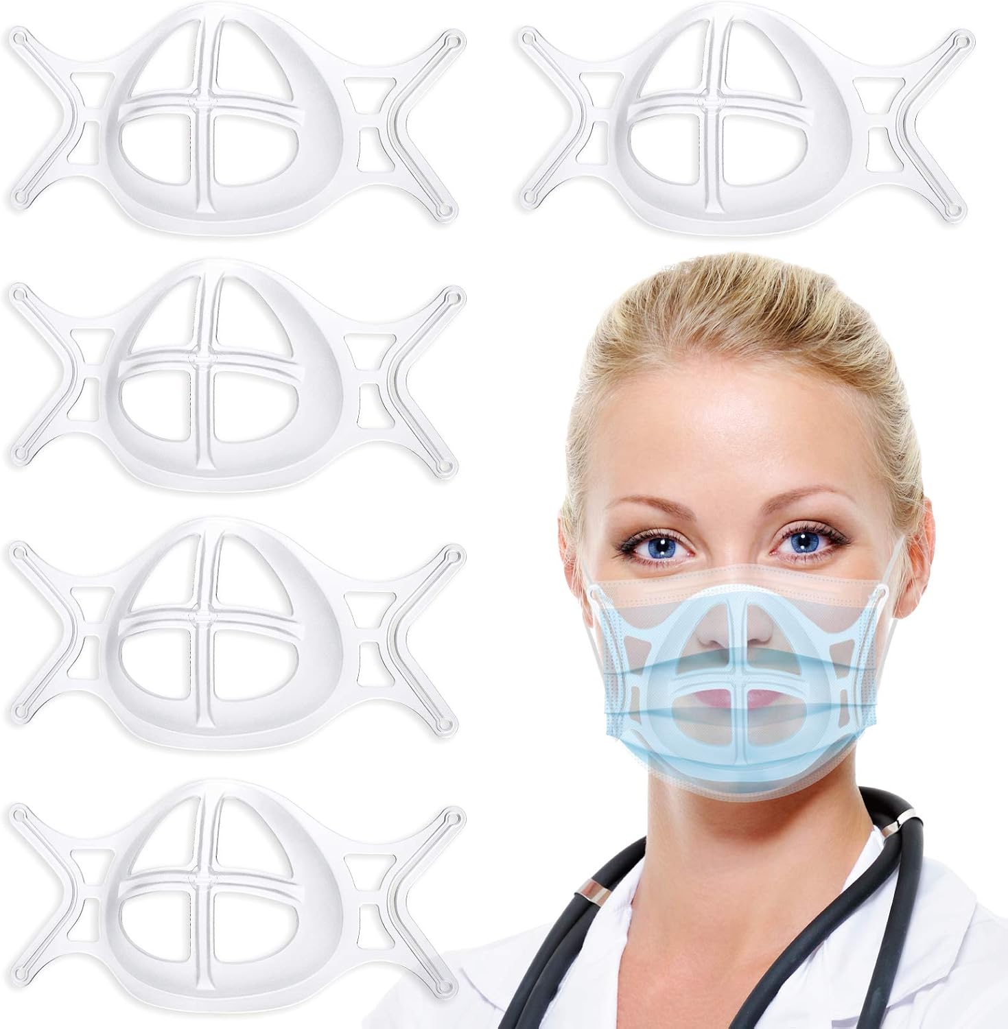 Mask Bracket with Ear Loops - 3D Mask Insert Frame Support for More Breathing Room - Cool Mask Guard Under Mask - Comfortable Face Mask Wearing Protection Holder for Lipstick | 5 Pack