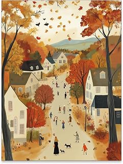 Village Fall Landscape Wall Art Warm Tone Cottagecore Rustic Poster Vintage Cozy Aesthetic Canvas Painting for Farmhouse Wall Decor 12X16 inch Unframed
