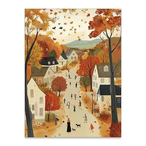 Village Fall Landscape Wall Art Warm Tone Cottagecore Rustic Poster