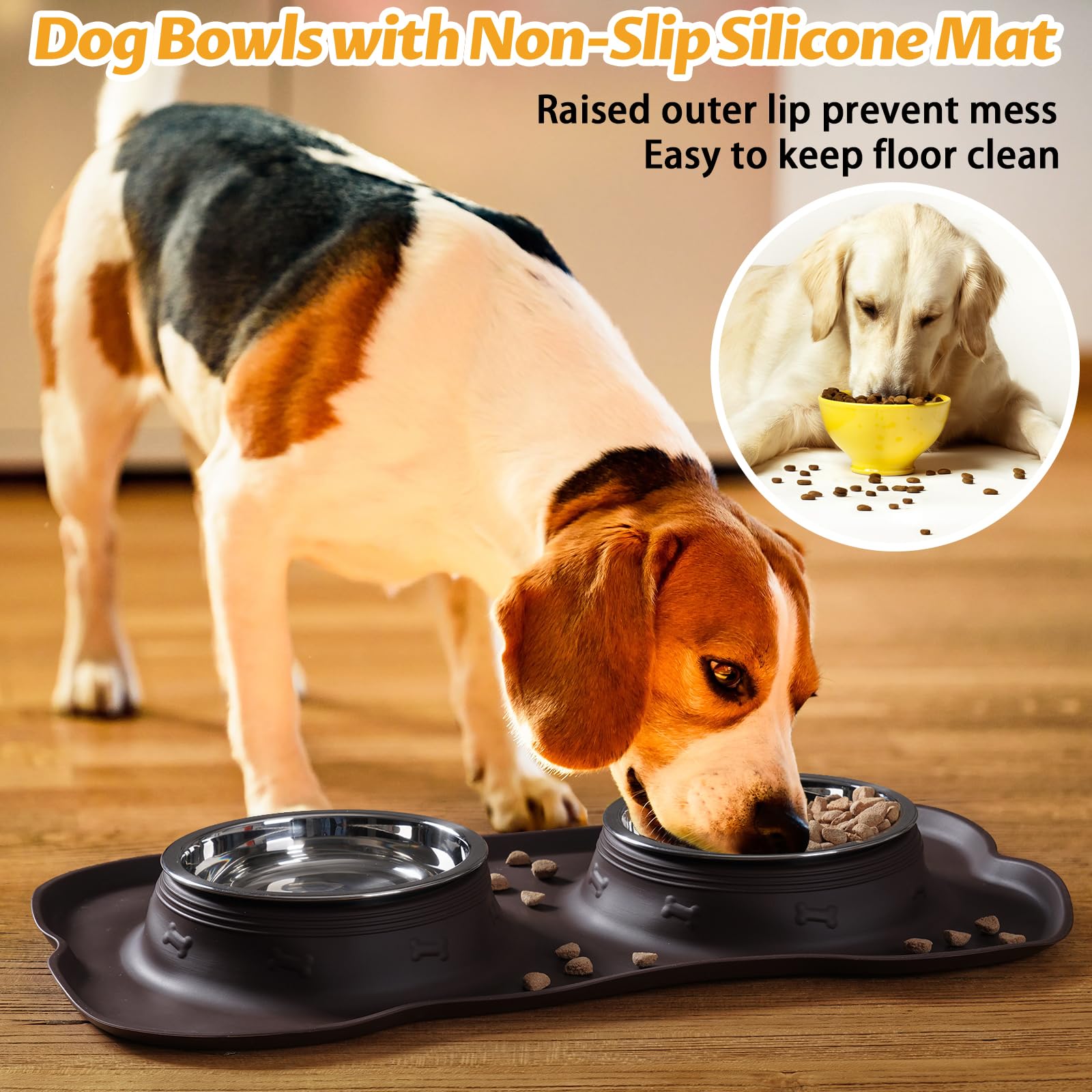 Hubulk Set di 2 ciotole per cani in acciaio inox con tappetino antiscivolo in silicone + paletta per cibo per cani di taglia piccola, media e grande