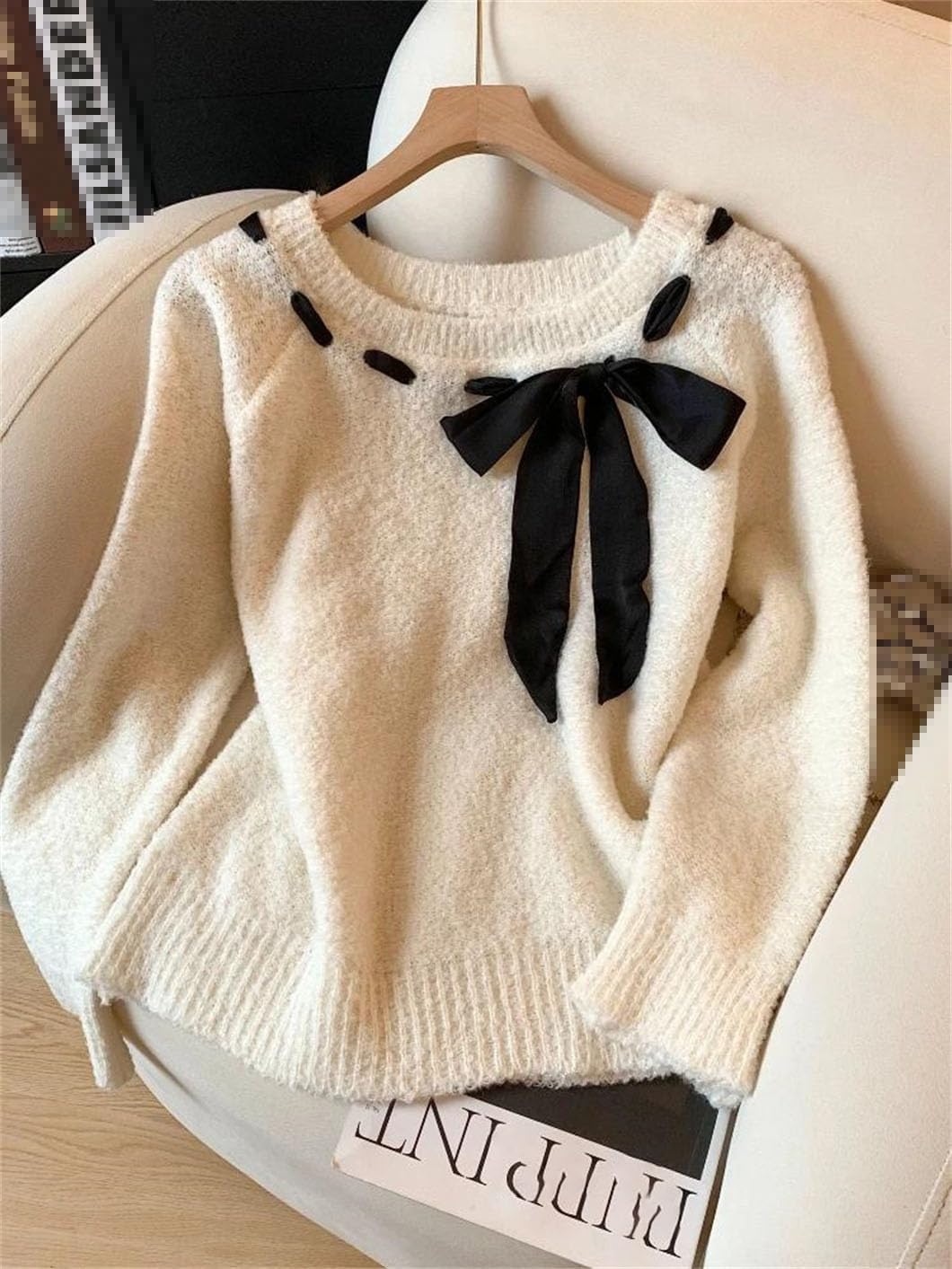 Korean Black Apricot Round Collar Bow Pullover Women Elegant All-Macth Long-Sleeve Knit Sweater