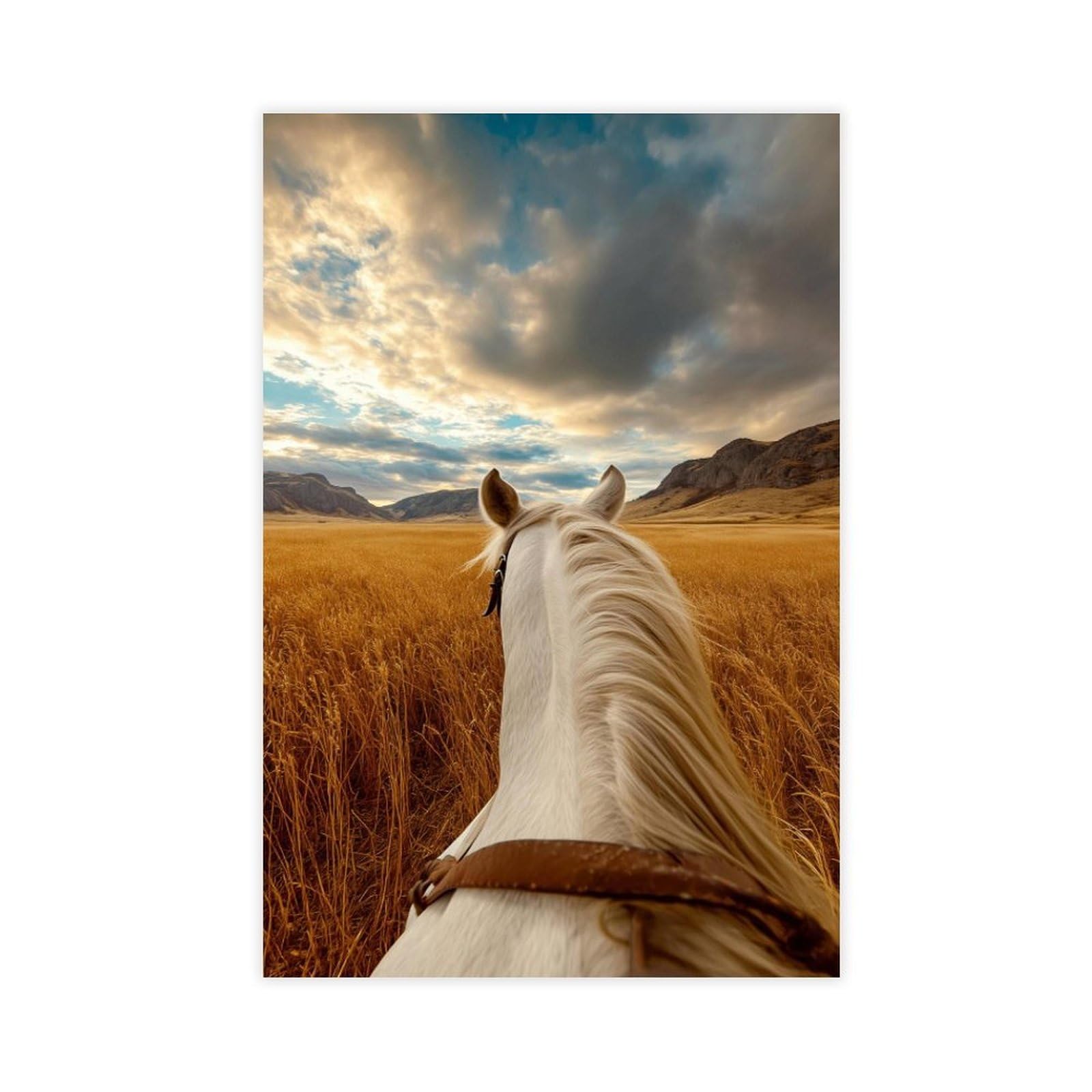 Qnvjqkdsi Unframe White Horse Ride, Golden Wheat Field Scenic Mountain Landscape Art Canvas Poster Bedroom Decor Landscape Office Room Decor Gift 24" L X 36" W
