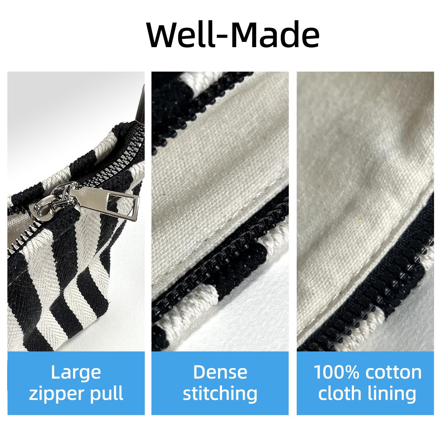 Striped Canvas Travel Makeup Bag - High Capacity Toiletry Pouch With Zipper Closure