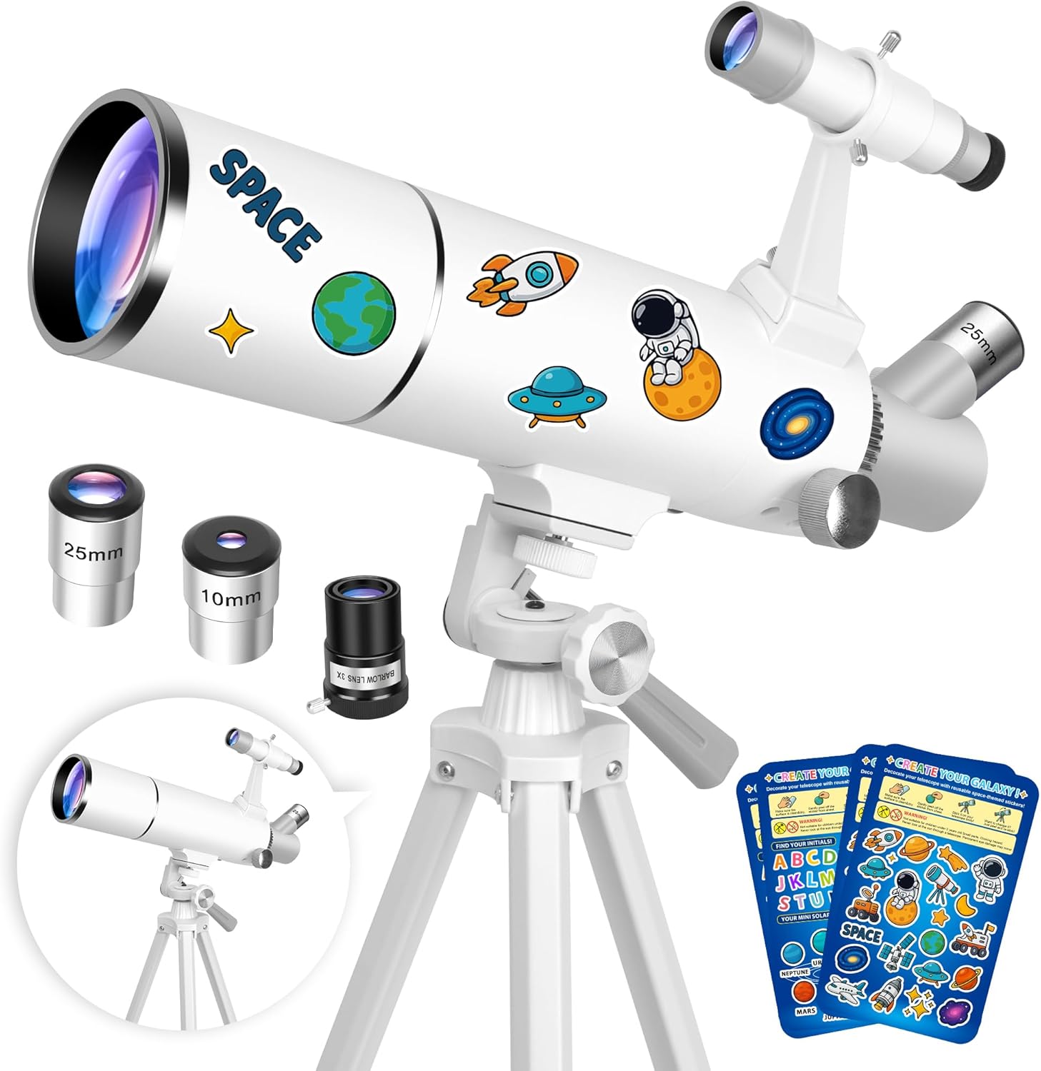 Hawkko Telescope for Adults & Kids – 80mm Aperture 500mm Telescopes for Adults Astronomy, (20X-150X) Portable Refractor Telescope Kit for Beginners with Decorate Stickers, AZ Tripod, Phone Adapter 80500-White