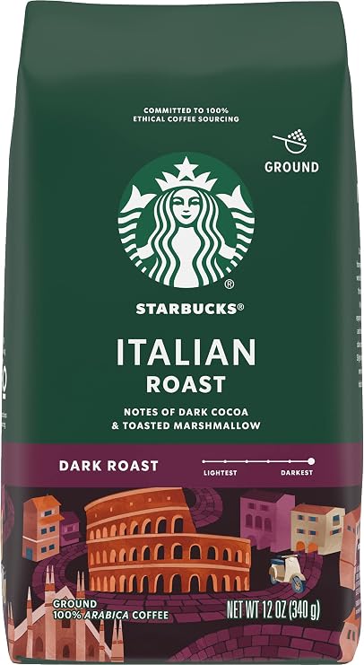 Starbucks Ground Coffee, Italian Roast, Dark Roast Coffee, Notes of Dark Cocoa & Toasted Marshmallow, Ground 100% Arabica Coffee, 12-Ounce Bag (Pack of 6)