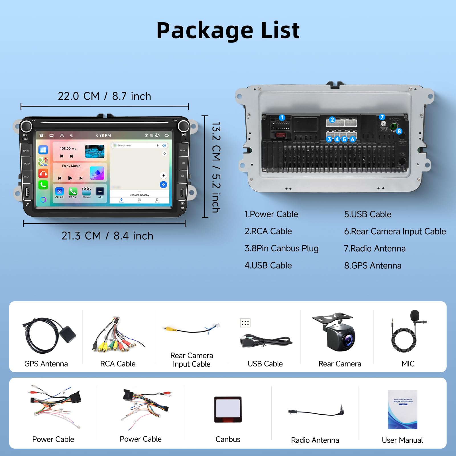 Radio samochodowe Hodozzy Carplay 8 rdzeni, 6 + 128 G, do VW Passat Golf Seat Altea Skoda Octavia z USB/USB C/Navi, 8 cali VW radio samochodowe Bluetooth z systemem Android Auto/Mirror Link/32 EQ/FM