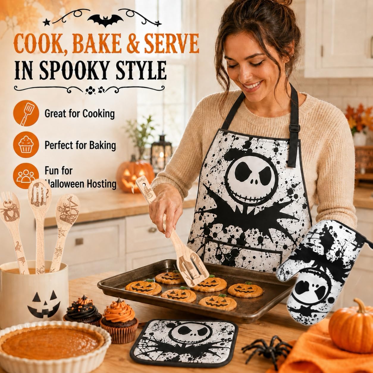 Night Before Christmas Kitchen Utensils Gift Set for Women, Bamboo Cooking Spoons, Oven Mitt, Pot Holder and Apron,Kitchen Accessories Set for Cooking Baking, Nightmare Before Christmas Decor