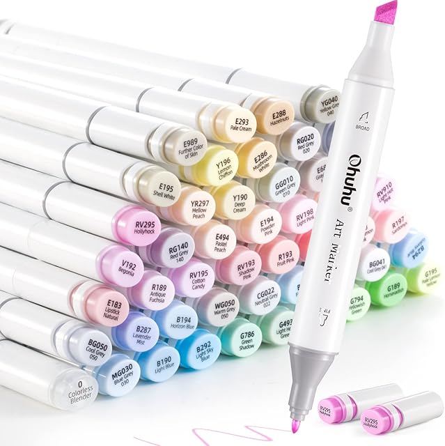 Ohuhu 48 Pastel Colour Markers Alcohol Based - Double Tipped Art Marker Set for Artists Adults' Coloring Sketching Illustration with 1 Alcohol Markers Blender - Chisel & Fine - Oahu of Ohuhu Markers