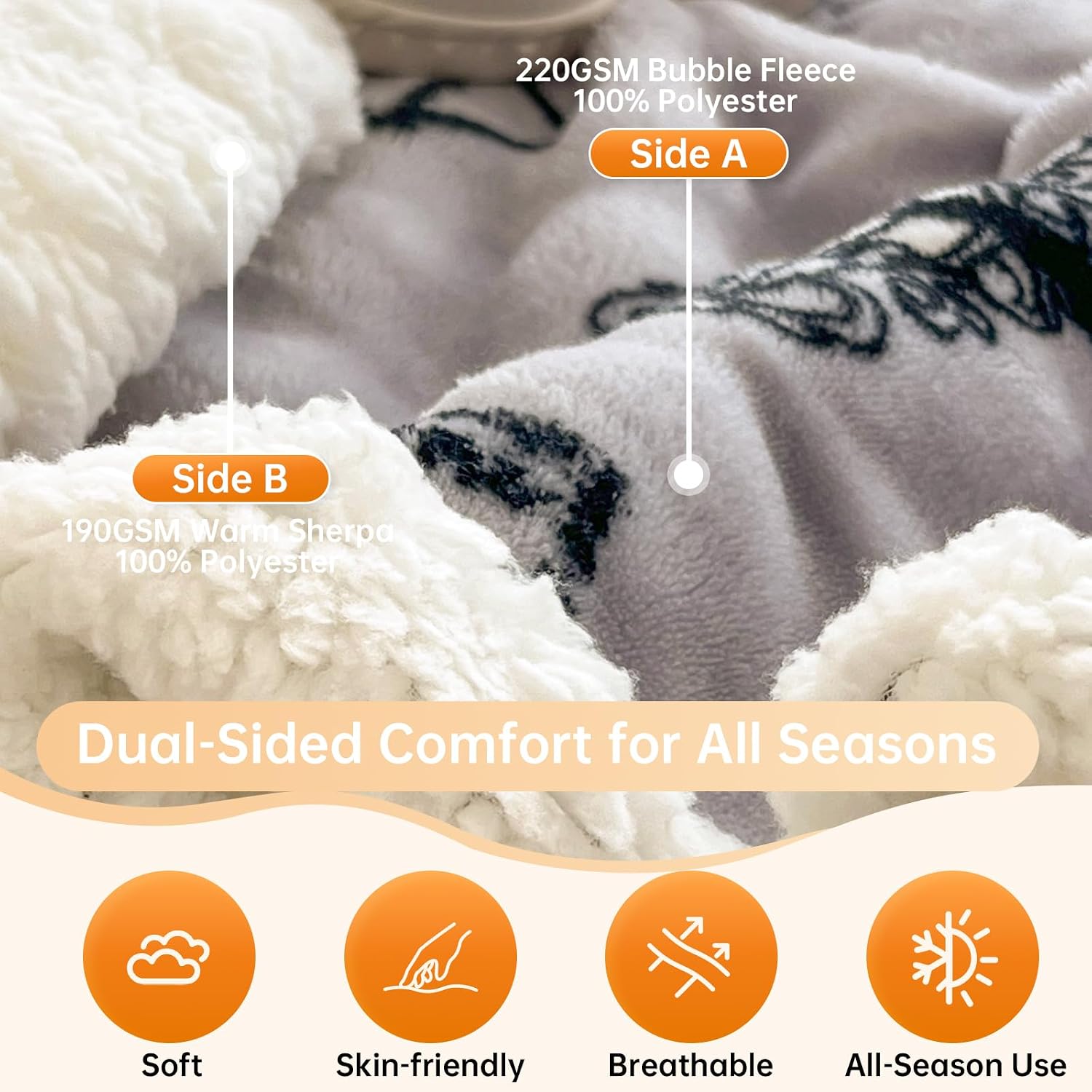 Reversible Fleece Throw Blanket for Bed, and Couch, Queen 90"x90" image 3