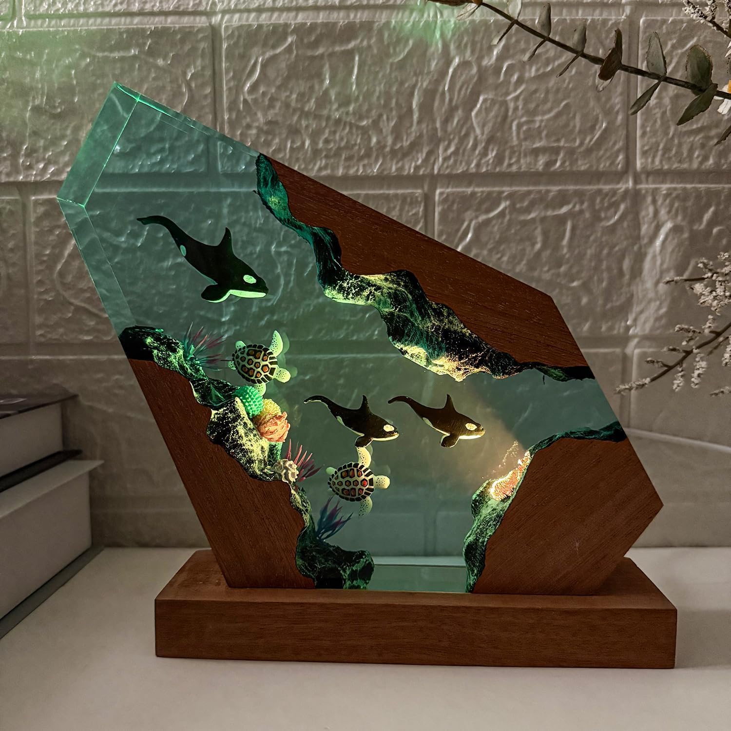 Orca Ocean Resin Lamp - Handmade Resin Night Light with USB Port, Variable Lights, Marine Biology Gifts for Women and Men, Ocean Enthusiast Collectibles, Unique Birthday Gifts for Him & Her (8"x5")