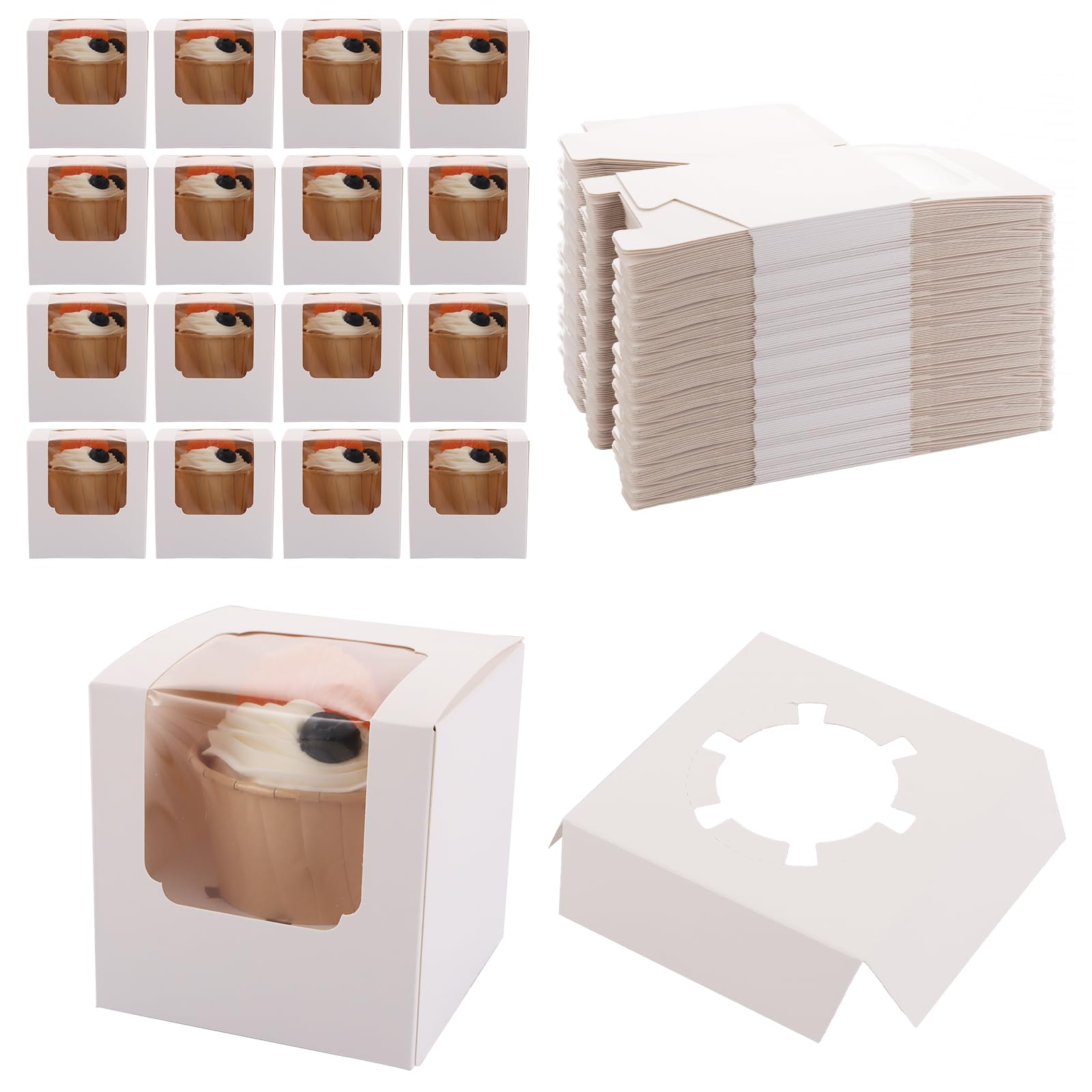 YOUNTHYE 100 cajas individuales para cupcakes, cajas blancas para cupcakes de papel kraft con ventana e insertos, cajas de cupcakes de 9 x 9 x 9 cm para fiestas infantiles, bodas, cumpleaños, Navidad