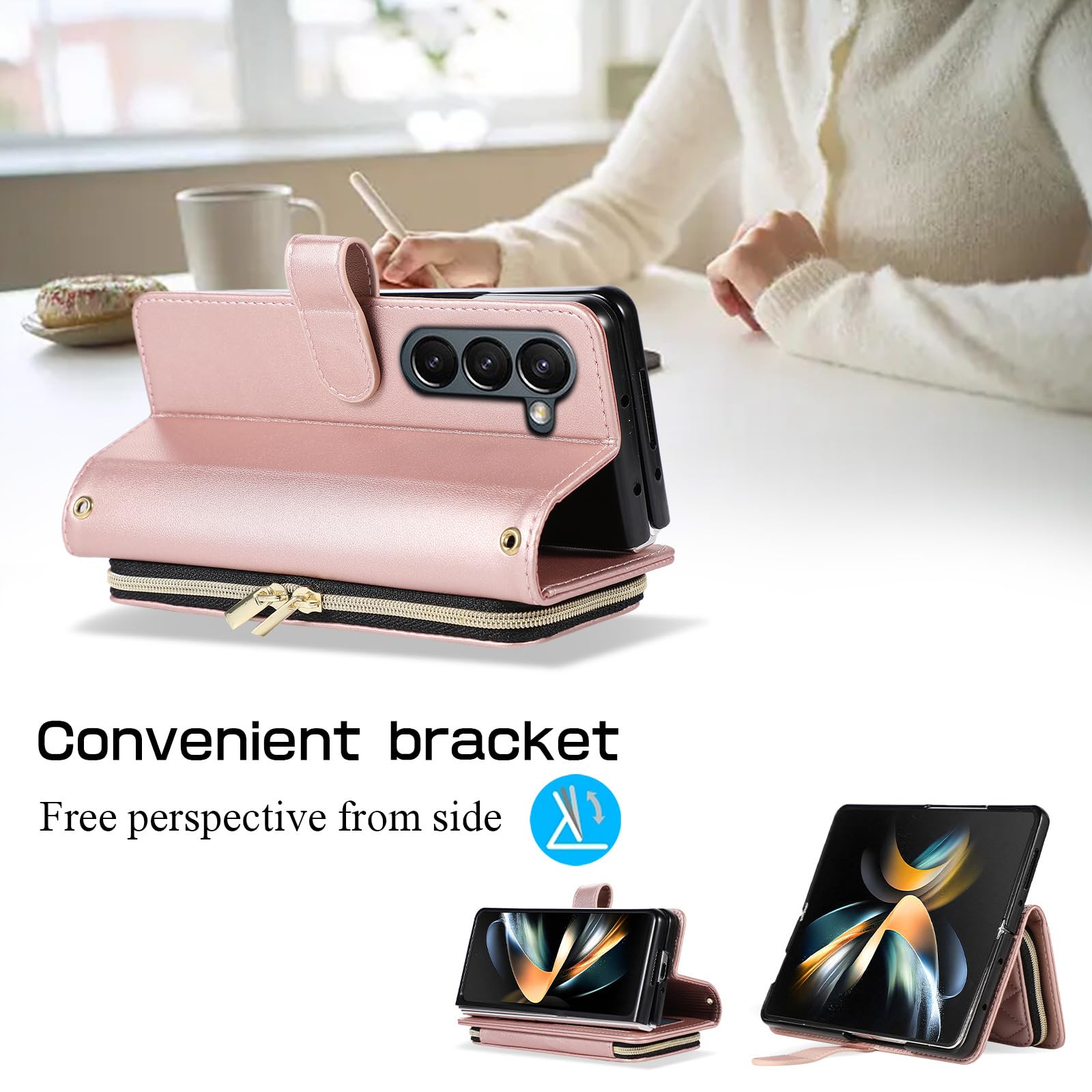 Etui-portfel do Samsung Galaxy Z Fold 6, skórzane etui z zamkiem magnetycznym, etui na karty, modne etui na telefon komórkowy z klapką, różowe