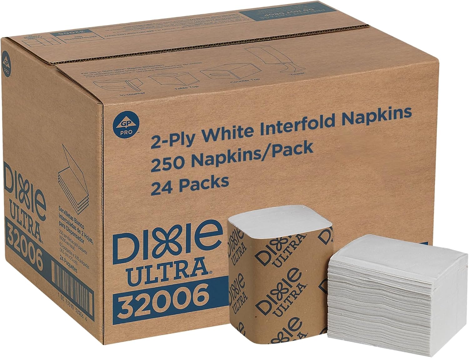 Dixie Ultra® Interfold 2-Ply Napkin Dispenser Refills by Georgia-Pacific, White, 250 Napkins Per Pack, 24 Packs Per Case, 32006