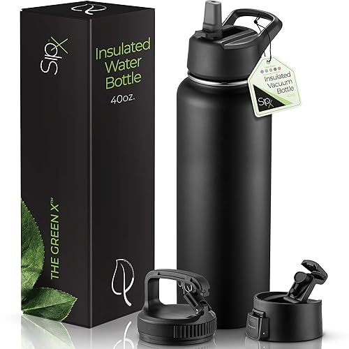 SIPX™ 40 oz Insulated Water Bottle with 3 Lids – Leakproof Stainless Steel, Triple Insulated – Cold 24 Hours/Hot 12 Hours – Durable Bottle for School, Gym, Travel – Black