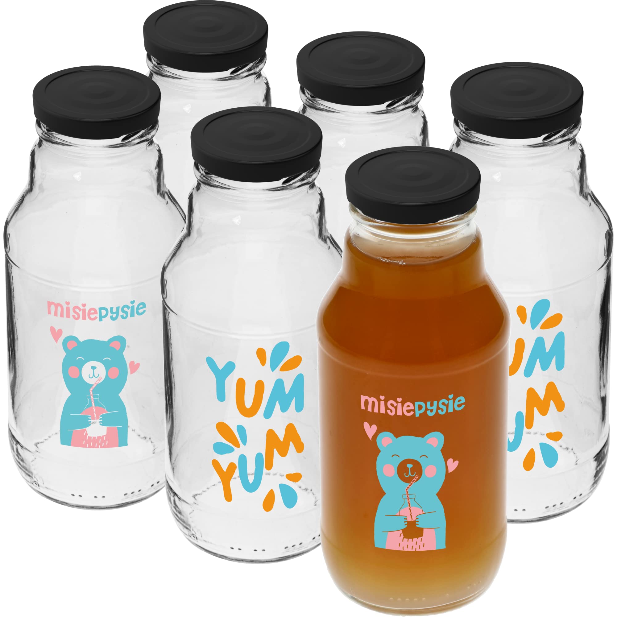 Browin 631331 - Bottiglie vuote in vetro da 330 ml, con tappo a vite, TO43, per smoothie, succhi di frutta, latte, bottiglia da 330 ml, con stampa e tappo a vite, bel design, 6 pezzi