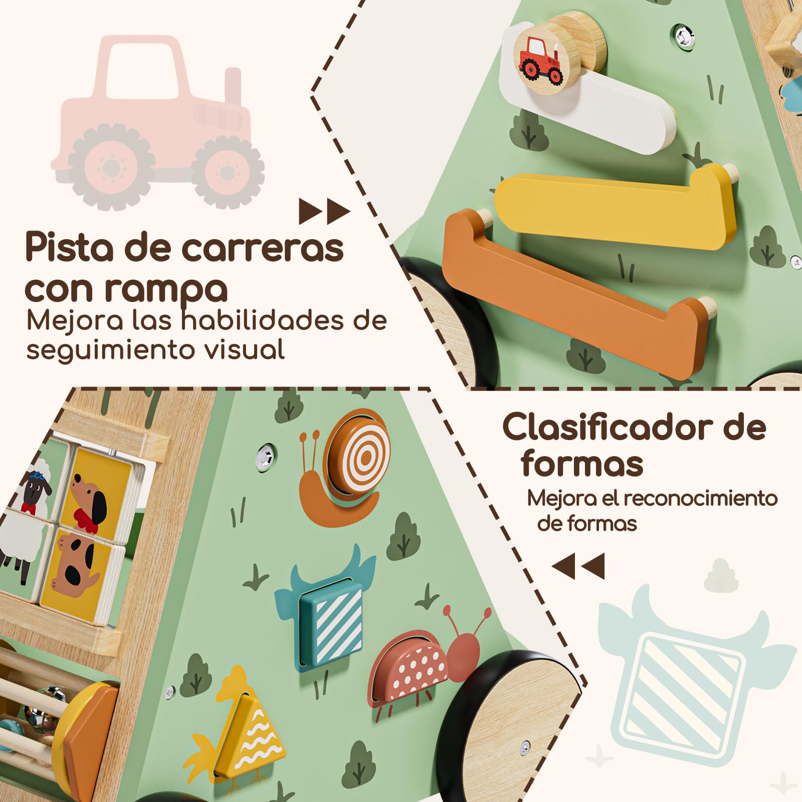 Andador Bebes, Ajustable Caminador Bebe de Madera con Busy Board Montessori, Baby Walker para Niña Niño, Regalo Bebé 1 Año