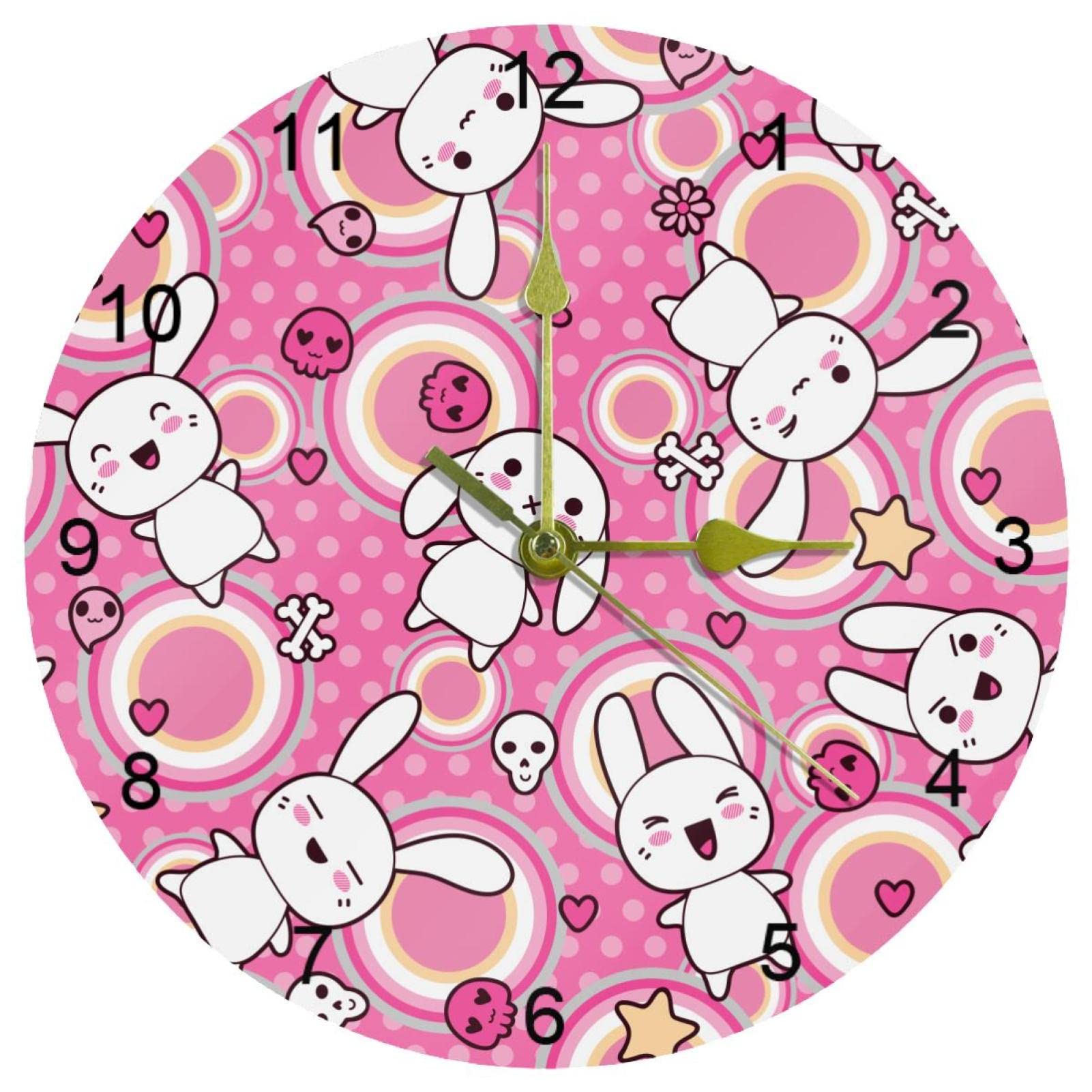 Horloge murale silencieuse lapin rose 25cm sans tic-tac pour chambre