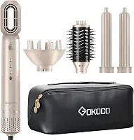 GOKOCO Escova Secador de Cabelo Profissional 5 em 1 - Kit Modelador com Bocal, Difusor, Escova Secadora, 2 Modelador de Cachos, íons Negativos Alta Velocidade Para Secar, Alisar e Enrolar, GD031 220v Dourado