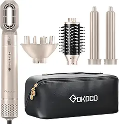 GOKOCO Escova Secador de Cabelo Profissional 5 em 1 - Kit Modelador com Bocal, Difusor, Escova Secadora, 2 Modelador de Cachos, íons Negativos Alta Velocidade Para Secar, Alisar e Enrolar, GD031 220v Dourado