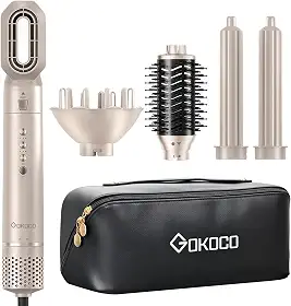 GOKOCO Escova Secador de Cabelo Profissional 5 em 1 - Kit Modelador com Bocal, Difusor, Escova Secadora, 2 Modelador de Cachos, íons Negativos Alta Velocidade Para Secar, Alisar e Enrolar, GD031 220v Dourado