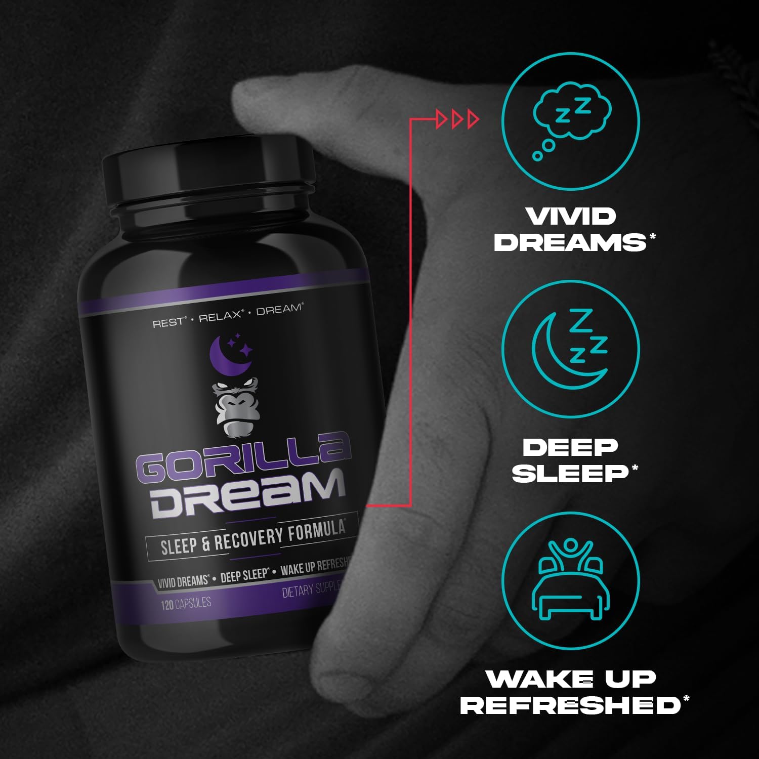 Gorilla Mind Dream Sleep Supplement (120 Capsules) - Nootropic Infused Comprehensive Sleep & Recovery Supplement - GABA, Melatonin, Valerian Root, Magnesium, L-Theanine, Sensoril, Ashwagandha & More - Image 3