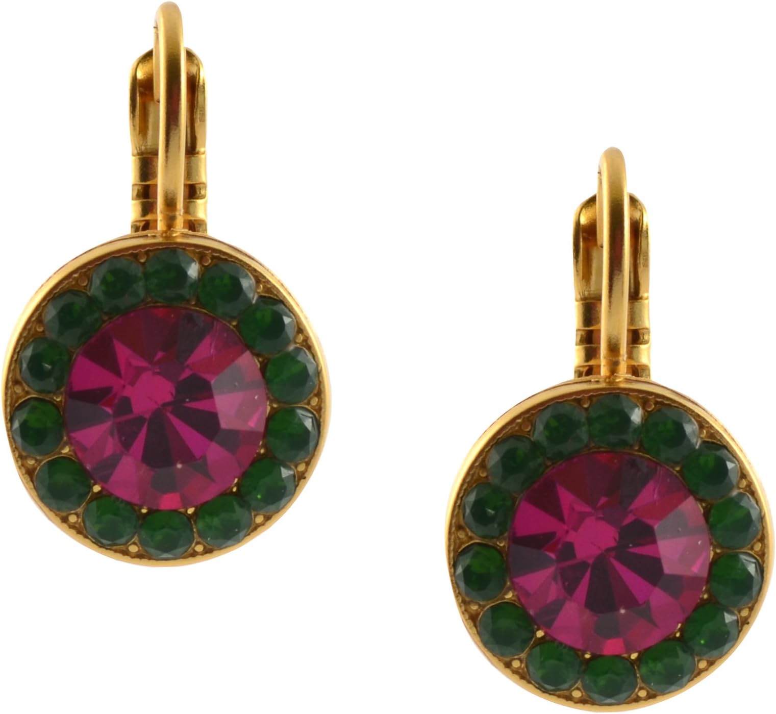 Mariana"Happy Days" Gold Plated Petite Circle in Green and Fuchsia Crystal Drop Earrings