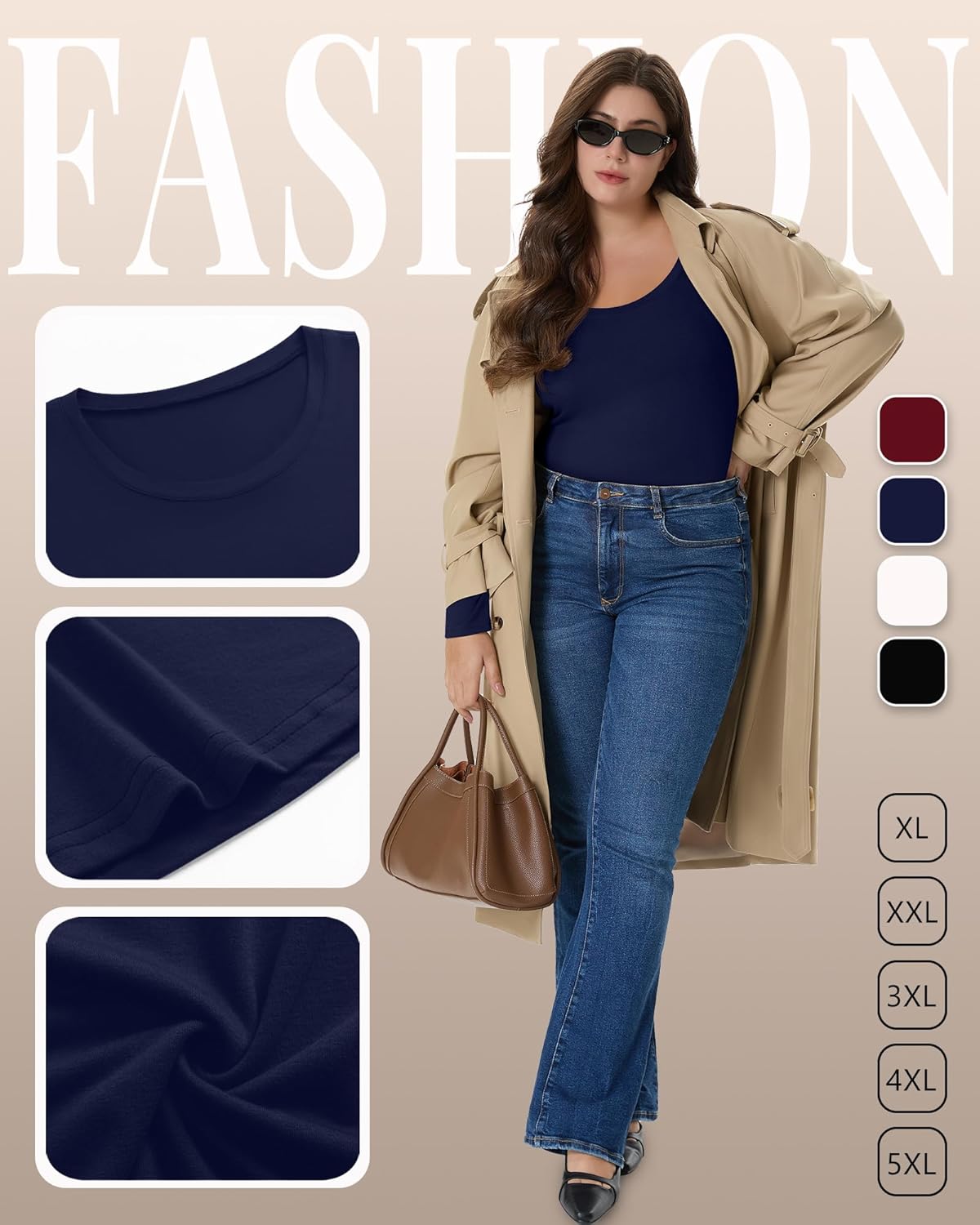 4 Pack Women's Plus Size Shirts, Casual Long Sleeve Tees Scoop Neck Basic Tops Loose Fit Layering Solid Blouses - Image 7