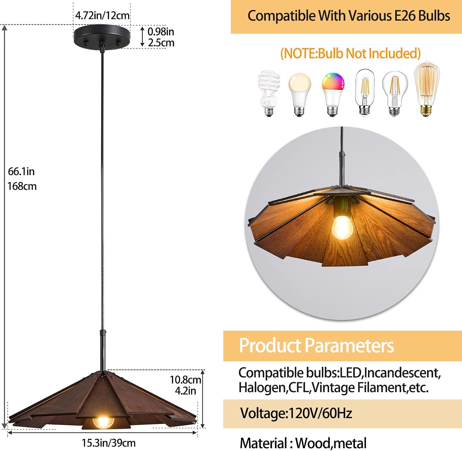 Farmhouse Pendant Light Wood Hanging Light Ceiling Chandelier, Modern Adjustable Hanging Ceiling Light Fixtures for Kitchen Island,Dining Room, Living Room, Bedroom(3-Pack)
