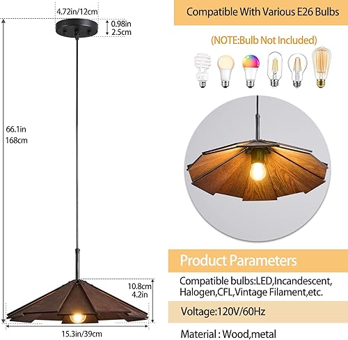 Miniatura 6 de Lámpara colgante de madera de granja, lámpara colgante de techo, moderna lámpara de techo ajustable para isla de cocina, comedor, sala de estar,