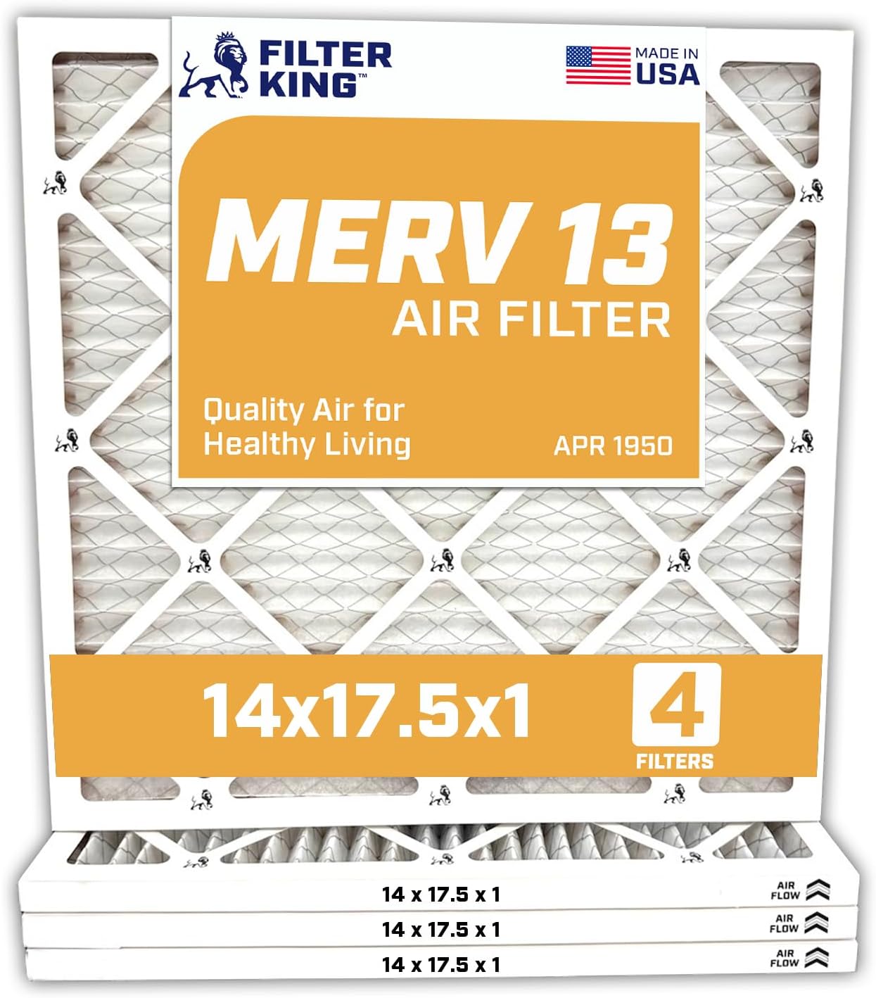 Filter King 14x17.5x1 Air Filter | 4-PACK | MERV 13 HVAC Pleated A/C Furnace Filters | MADE IN USA | Actual Size: 14 x 17.5 x .75"