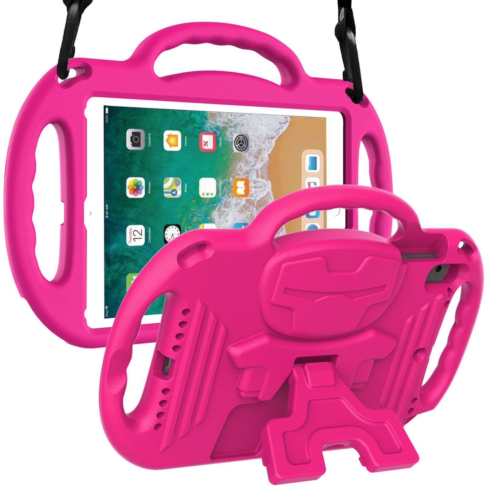 LTROP Kids Case for iPad 5th/6th Generation (2017/2018) & Air 2, Shoulder Strap Handle Stand Shockproof Bumper Cute Kid Case for iPad 9.7 Inch, Pink