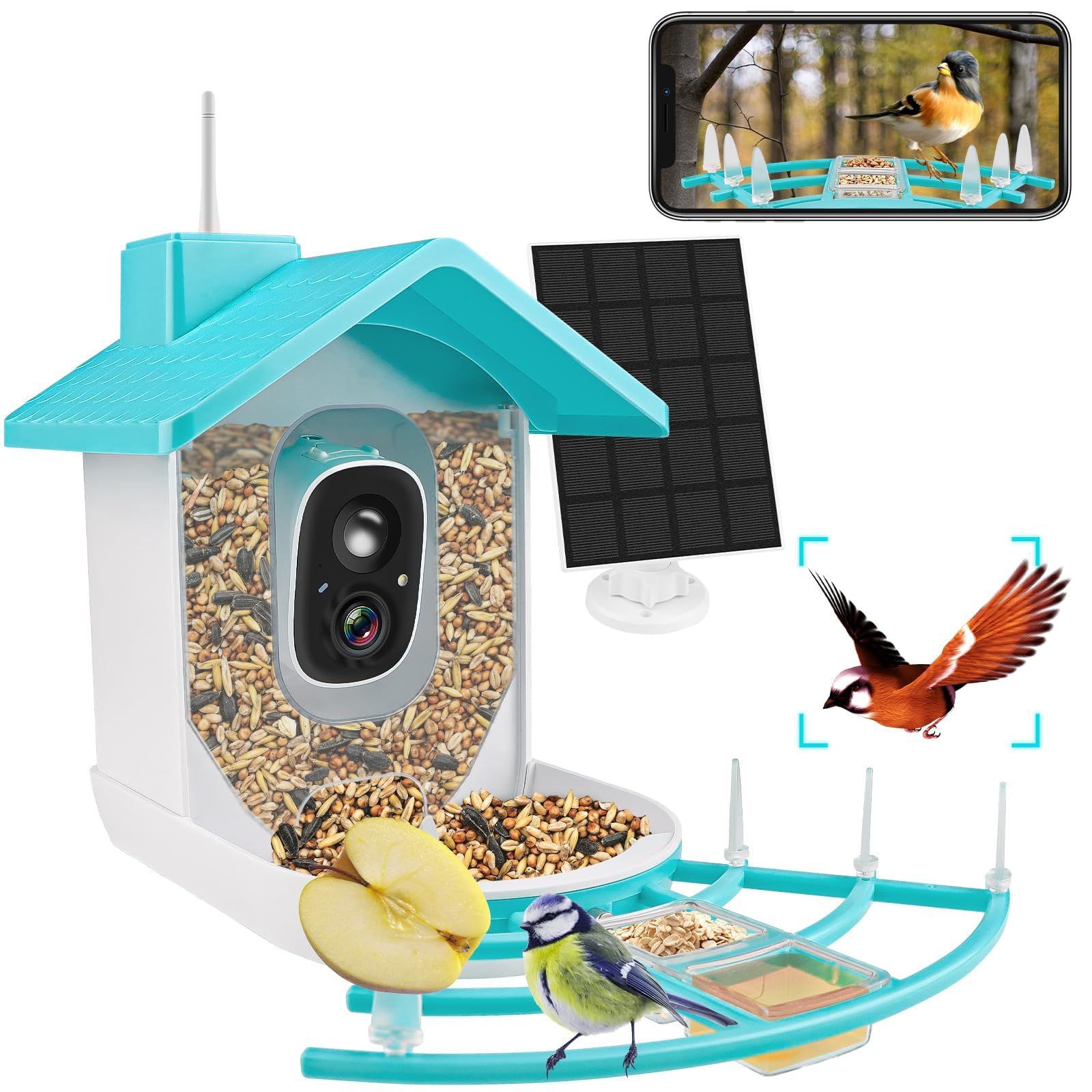 EBANKU Comedero Inteligente para pájaros con cámara, cámara observación Aves con energía Solar, Captura automática vídeos Aves y Movimiento, Regalo Ideal para Amantes Las Aves y familias
