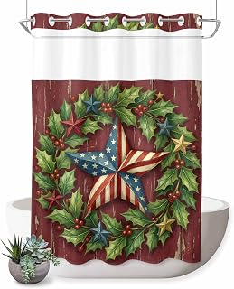 No Hook Shower Curtain, July 4th Retro American Star Waterproof Shower Curtains See Through Top Window, Country Star Berry Leaf Wreath Hotel Luxury Bathroom Curtain 72x84in