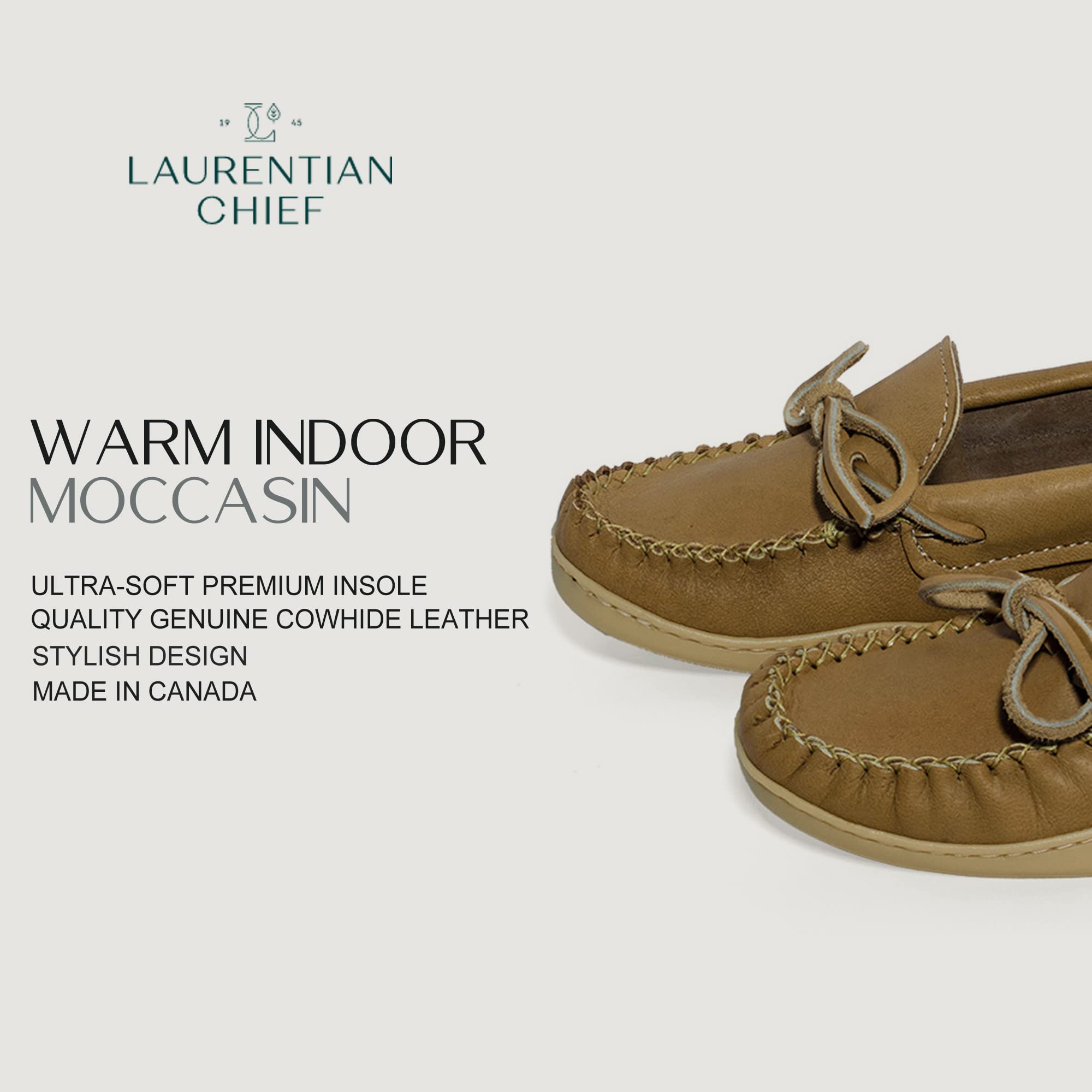 Laurentian Chief Moccasins with 8-Hole Collar for Ladies – Stylish and Comfortable House Slippers with Natural Rubber Sole – Leather Indoor and Outdoor Slippers