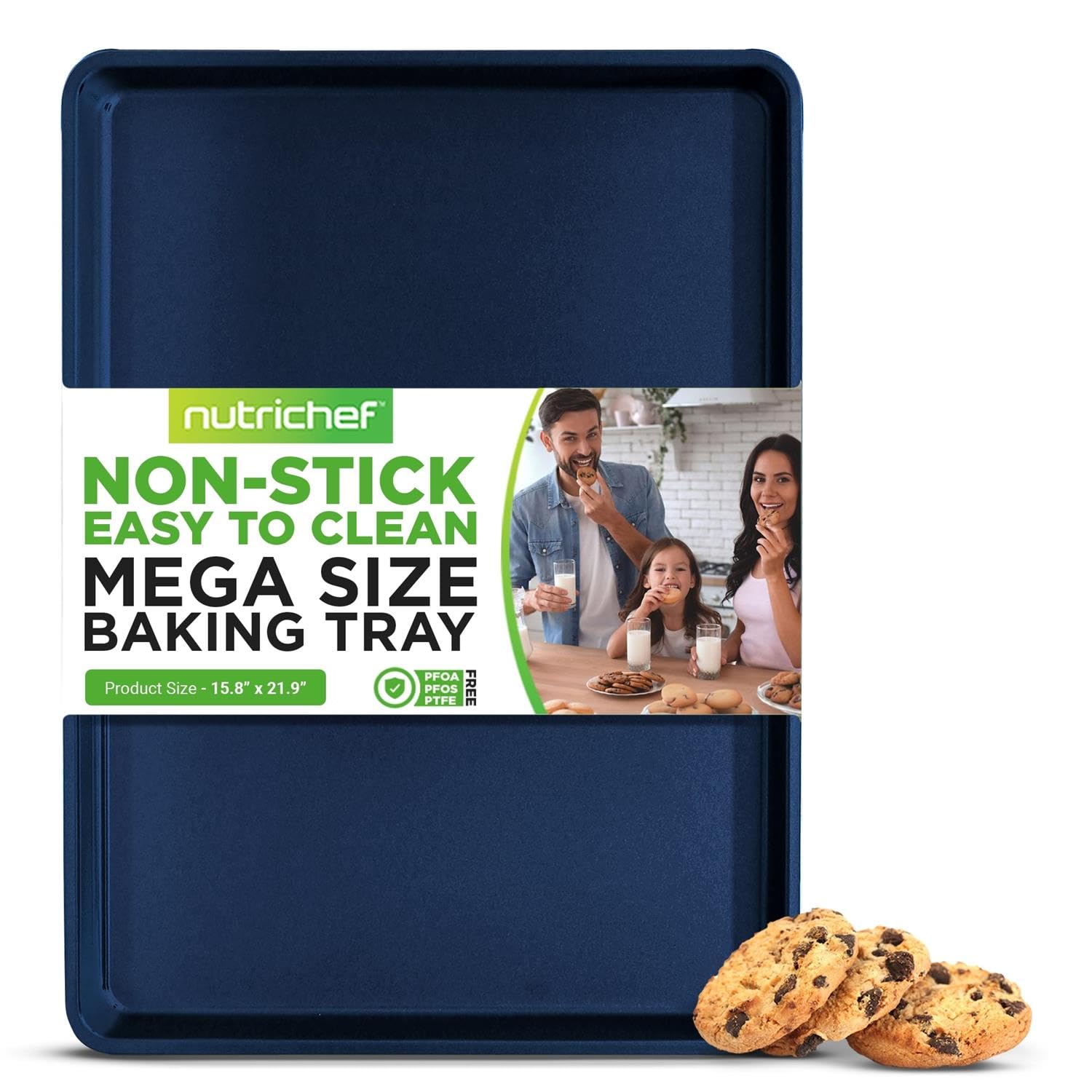 NutriChef Extra Large Nonstick Cookie Sheet Baking Pan, XL Size 22 Inch x 16 Inch, Premium Carbon Steel Oven Baking Sheet for Cookies, Jelly Rolls, & Pastries - Blue Diamond, NCLG1BD