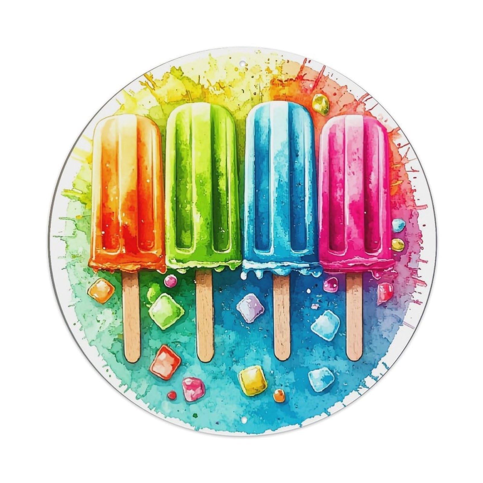 Colorful Popsicles Ice Cubes Watercolor Background Retro Metal Sign Round Tin Sign, Vintage Decor Art Poster for Bar, Home, Man Cave, Kitchen, Laundry Room Gift 8x8Inch