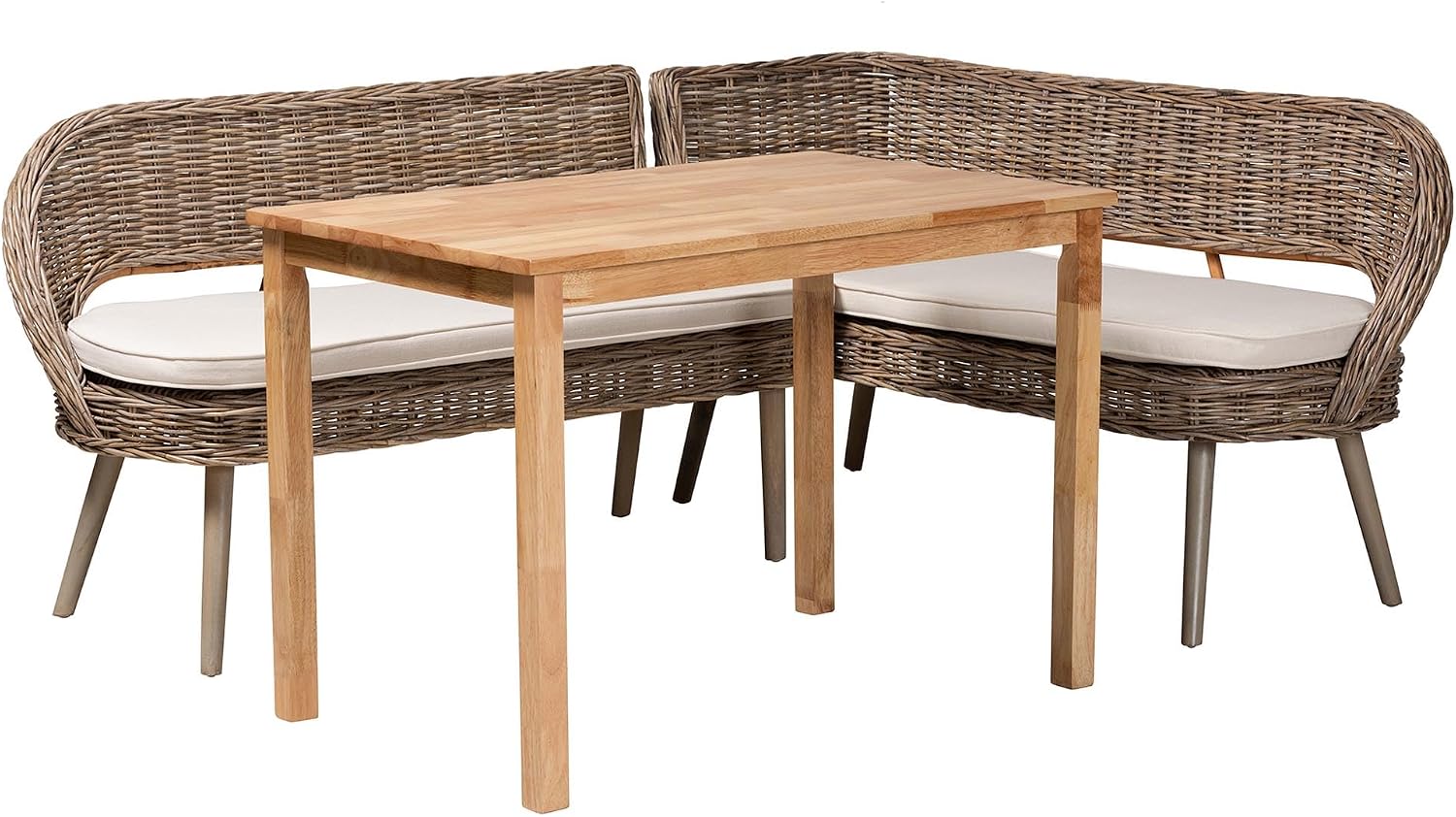 bali & pari Raisa Modern Bohemian Natural Kubu Grey Rattan and Solid Wood 3-Piece Dining Nook Set