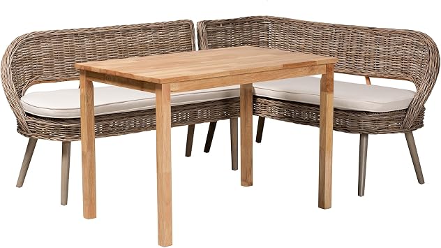 bali & pari Raisa Modern Bohemian Natural Kubu Grey Rattan and Solid Wood 3-Piece Dining Nook Set